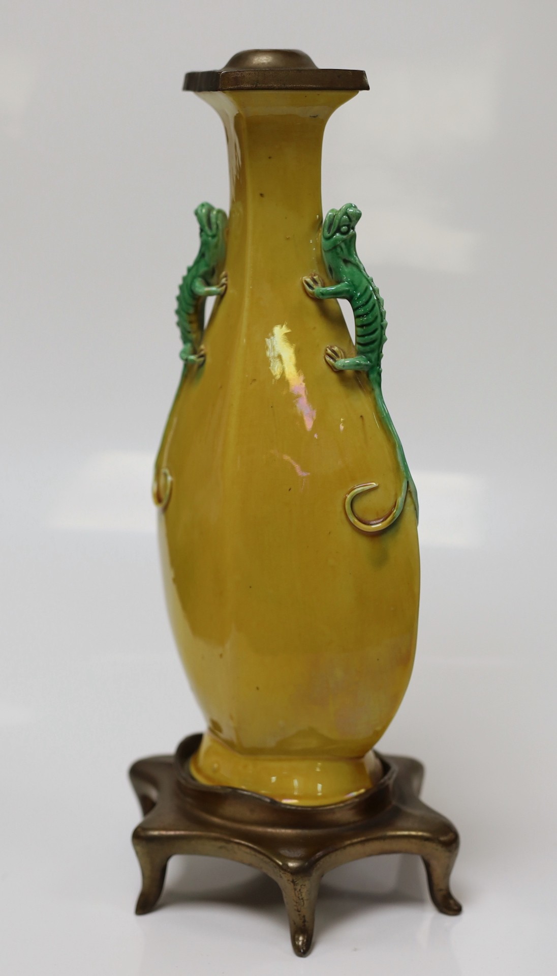 An early 20th century Chinese sancai glaze vase with lizard handle decoration, with lamp mount, 25cm tall